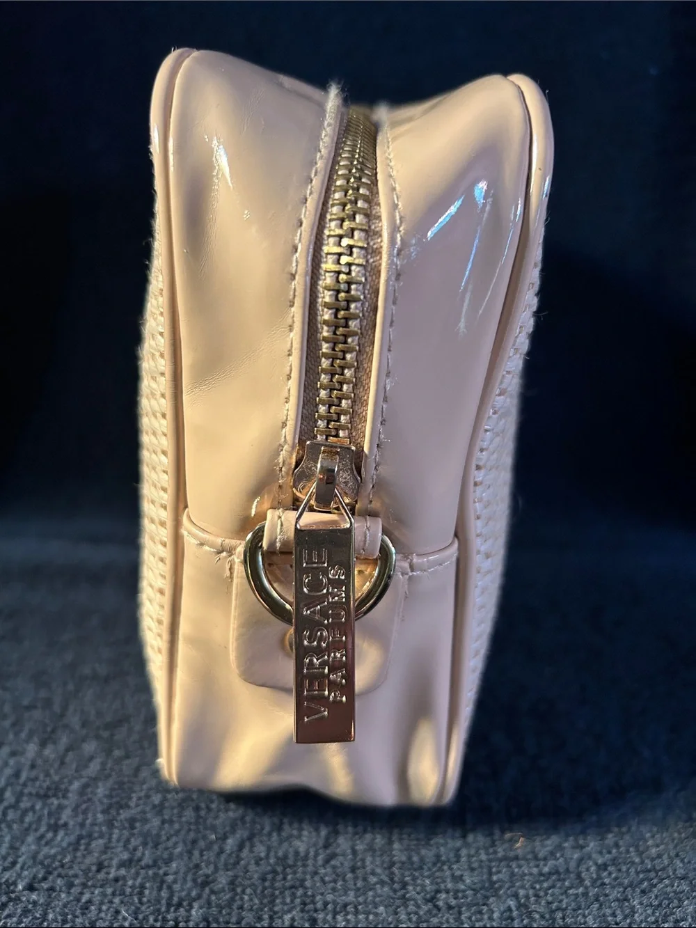 Versace Parfums Cream Woven Straw Cosmetic Bag with Rectangular Gold Logo Plaque